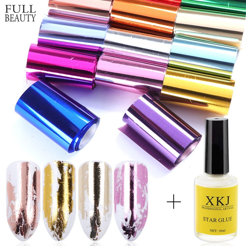 1 Set Holographic Foils & 16ML Adhesive Glue Galaxy Star Foil Stickers Transfer Glue Decal Tool for Decoration Nails Tips CH1012